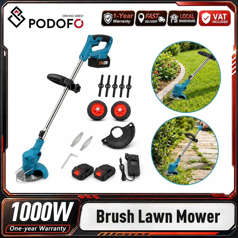 Podofo Rechargeable Brushed Grass Trimmer 1800W 7800RPM 3 Interchangeable Blades Handheld Weed Eater Lawn Edge Trimmer Multi-function Gardening Cutting Tool For Backyard Farm Shrub Turf Maintenance