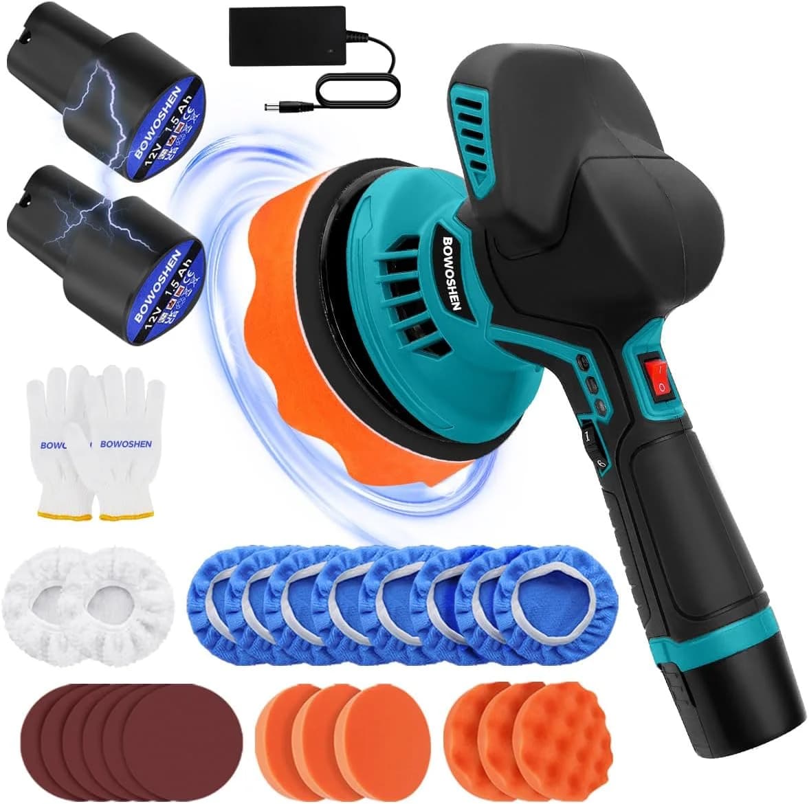 Cordless Car Buffer Polisher Machine Kit with 2X Rechargeable Batteries, 8 Variable Speed 2800-5500RPM, Portable Polishing Waxer