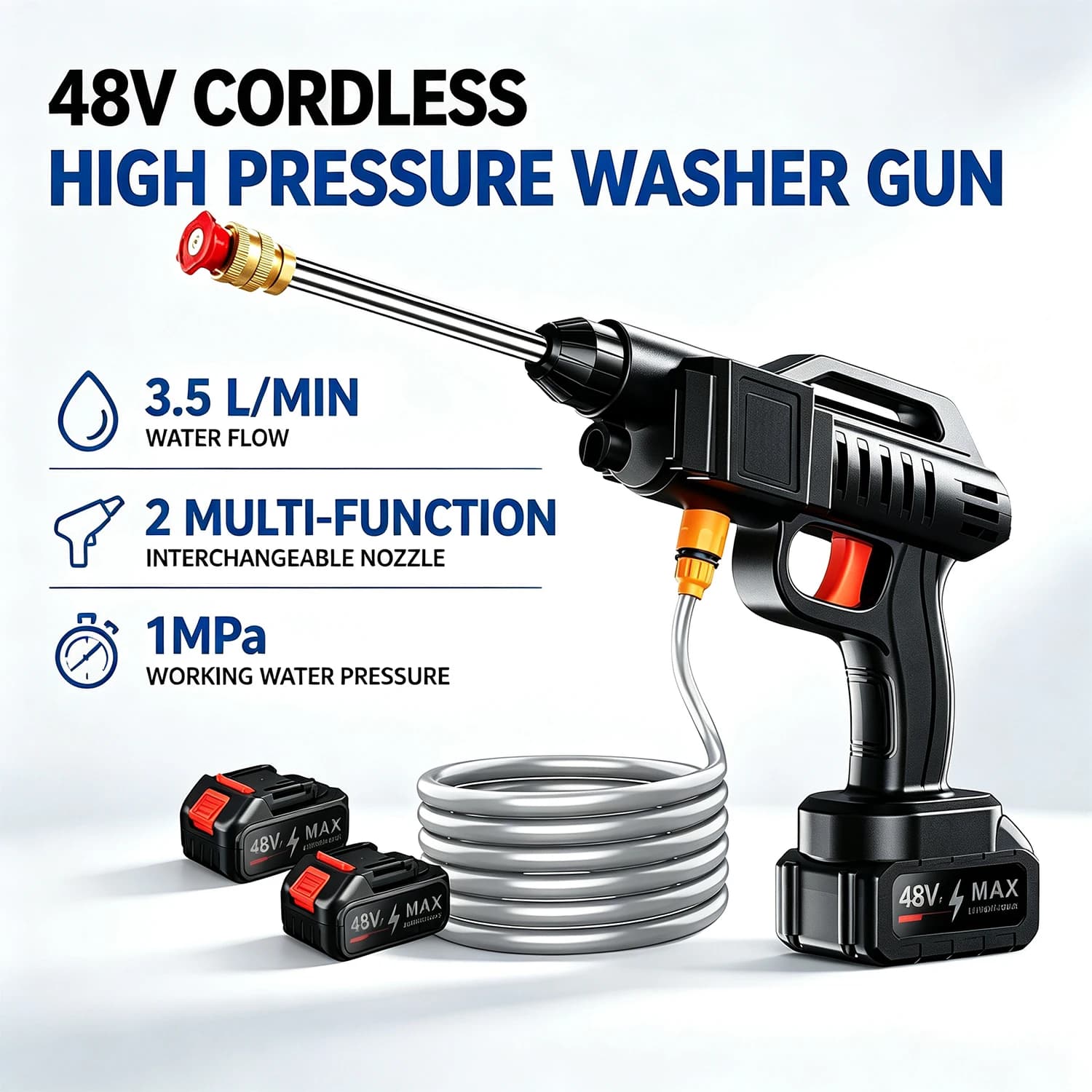 48V Cordless High Pressure Washer Gun, Portable Self-Priming Wireless Car Wash Spray Gun, Pure Copper Motor with Battery Foam Bottle, for Car Washing, Patio, Garden Cleaning