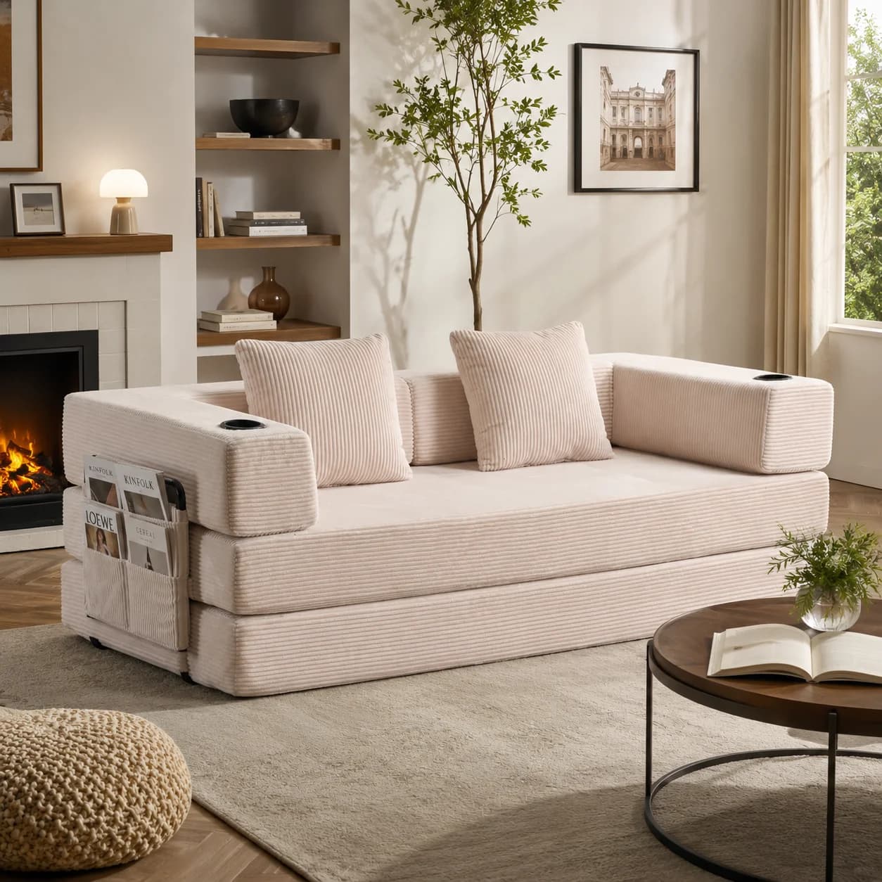 Convertible Foldable Corduroy Floor Sofa Bed, No Assembly Compressed Foam Lazy Couch with Cup Holder Side Storage Pocket, Free Combination Modular Sleeper Sofa for Living Room Apartment Dorm Guest Bed