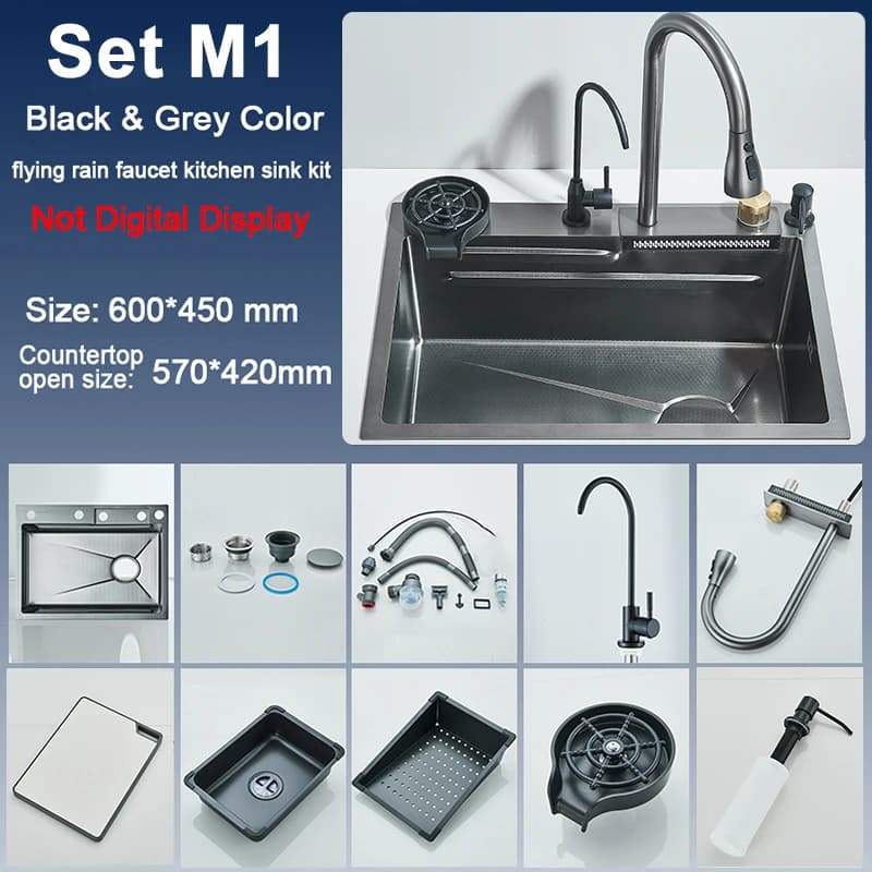 304 Stainless Steel Kitchen Sink with Digital Display Waterfall Faucet, Multifunctional 75*45cm Large Single Slot Whale Sink