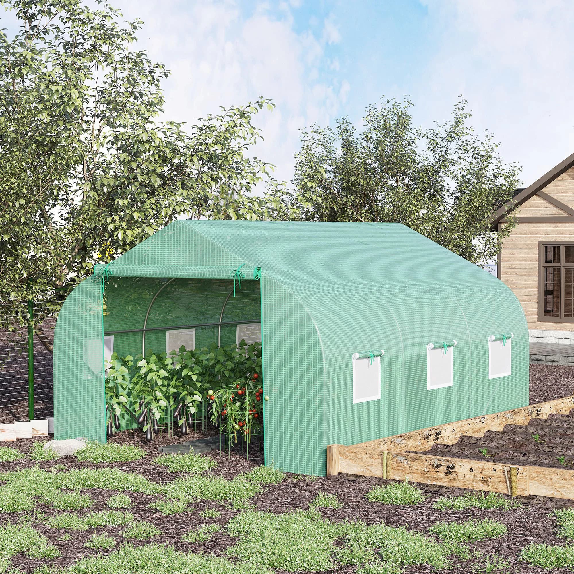 Walk-In Greenhouse with Gabled Roof, Heavy-Duty Galvanized Steel Frame, Waterproof UV-Resistant PE Cover, Roll-Up Windows & Zippered Roll-Up Doors for Optimal Ventilation, Ideal for Growing Tomatoes, Vegetables & Tropical Plants Year-Round