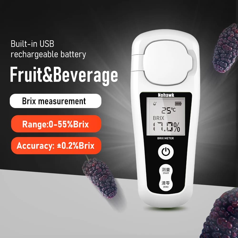 Nohawk Brix Refractometer LCD Digital Brix Meter Rechargeable Sugar Meter for Measuring the Liquid Sugar Content of Fruit Drinks