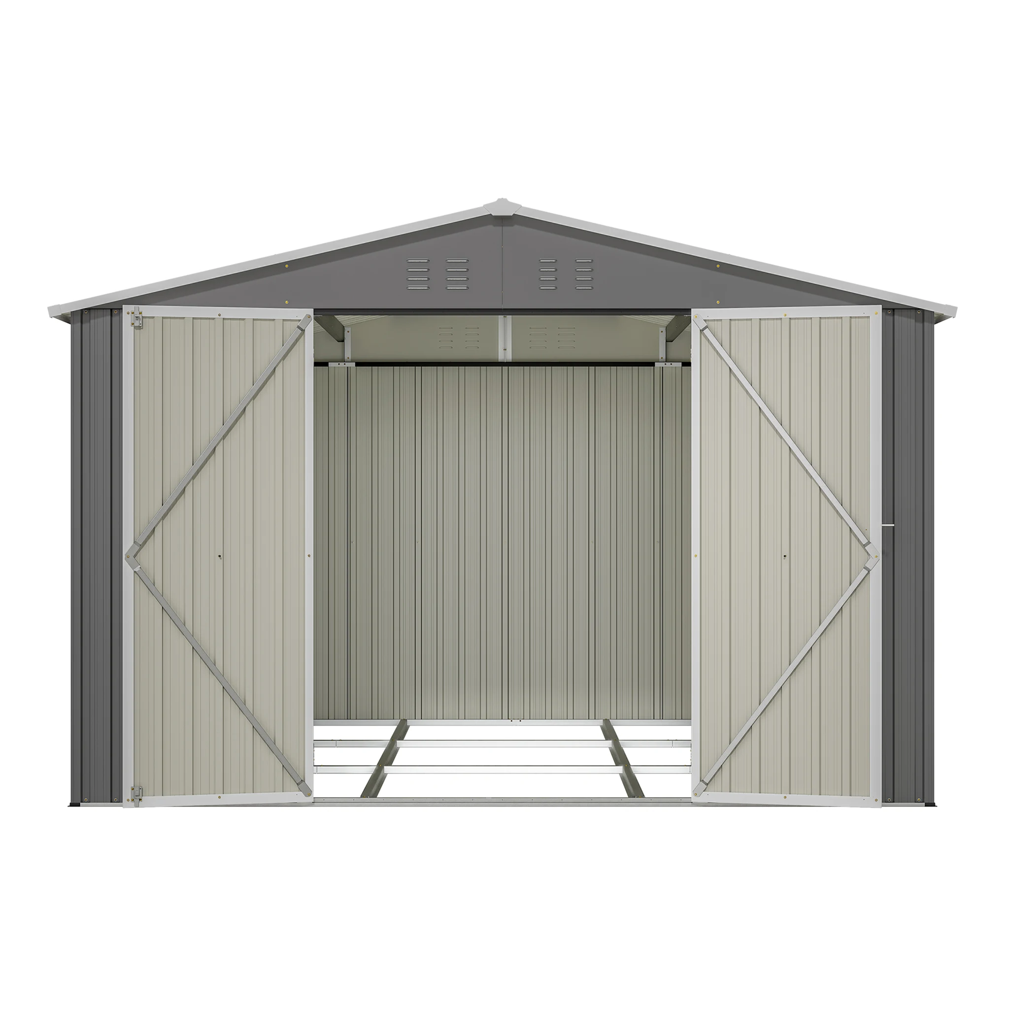 300×300×300cm sturdy metal tool shed with floor frame,gray weather resistant steel garden shed,lockable doors for security and easy access,moisture proof outdoor storage building