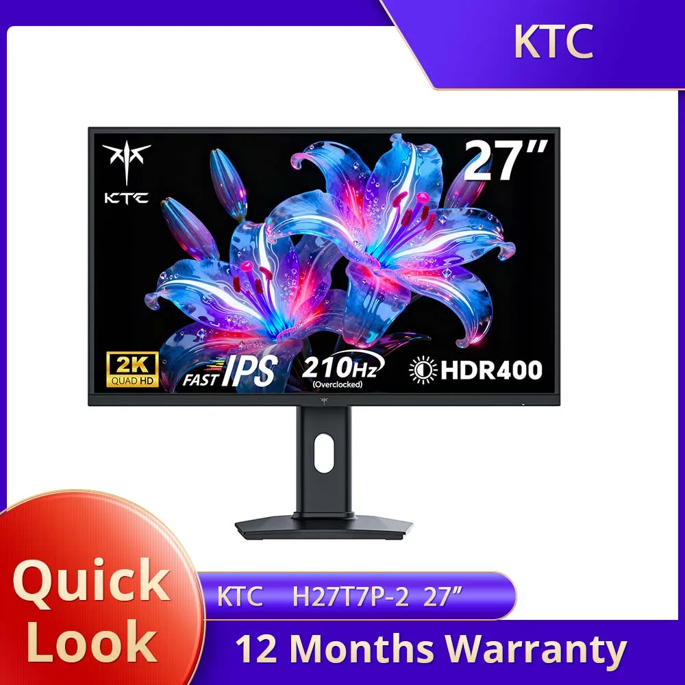 KTC H27T7P-2 Gaming Monitor27' Fast IPS 2560×1440 QHD 200Hz Overdrive to 210Hz,16:9,ELED,1.07 Billion Colors (8-bit + Hi-FRC),DC12V/4A,400 cd/m² brightness,HDR400, FreeSync and G-Sync technologies