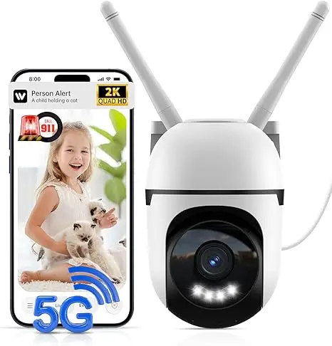AI 2K 360° PTZ Outdoor Wired Security Camera, Dual-Band 5GHz/2.4GHz WiFi, IP66 Waterproof with Motion Alert, SOS Emergency Call, Alexa & Cloud/TF Storage