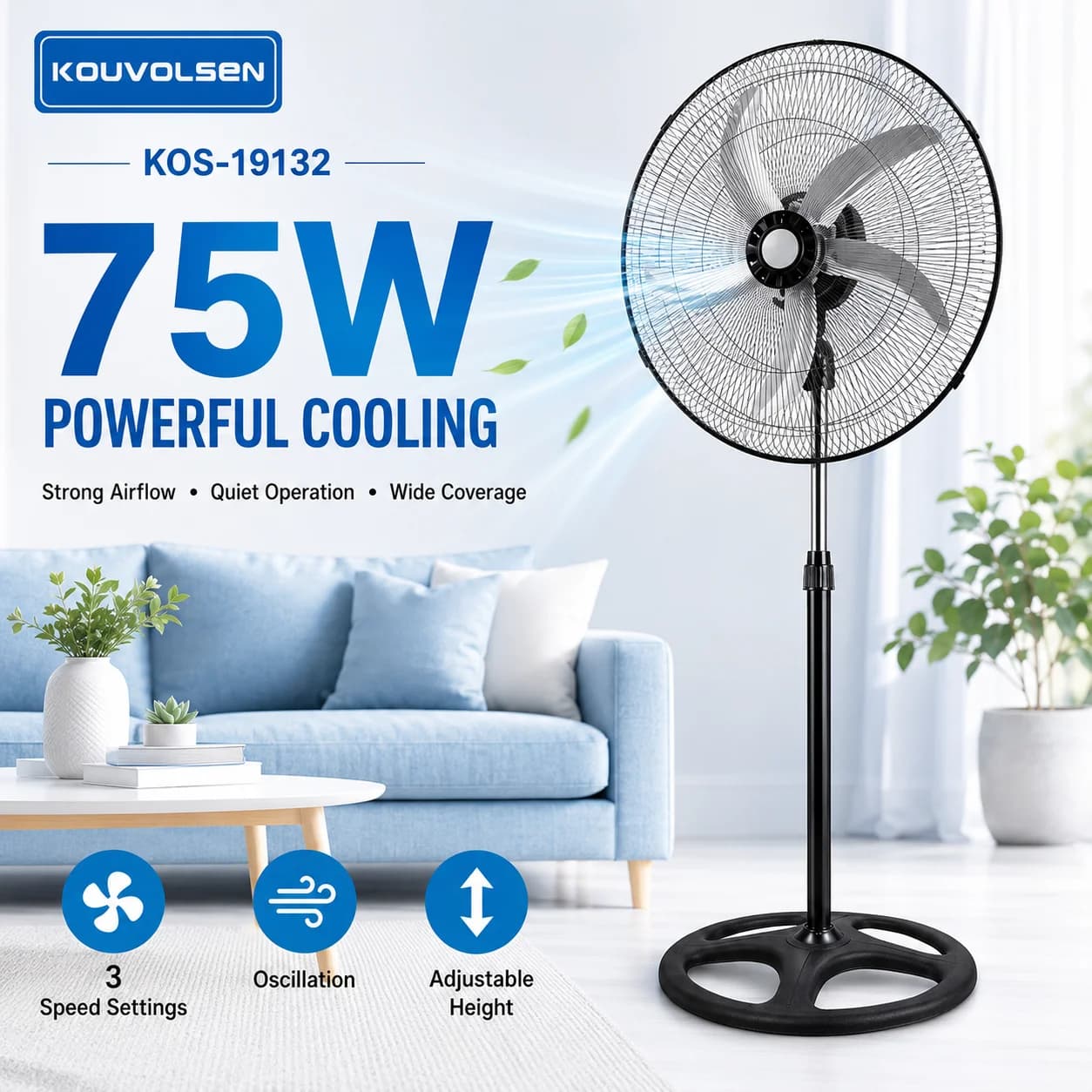 KOUVOLSEN KOS-19132 75W Standing Fan 3 Speeds Oscillation Adjustable Height Silver Blades Floor Fan