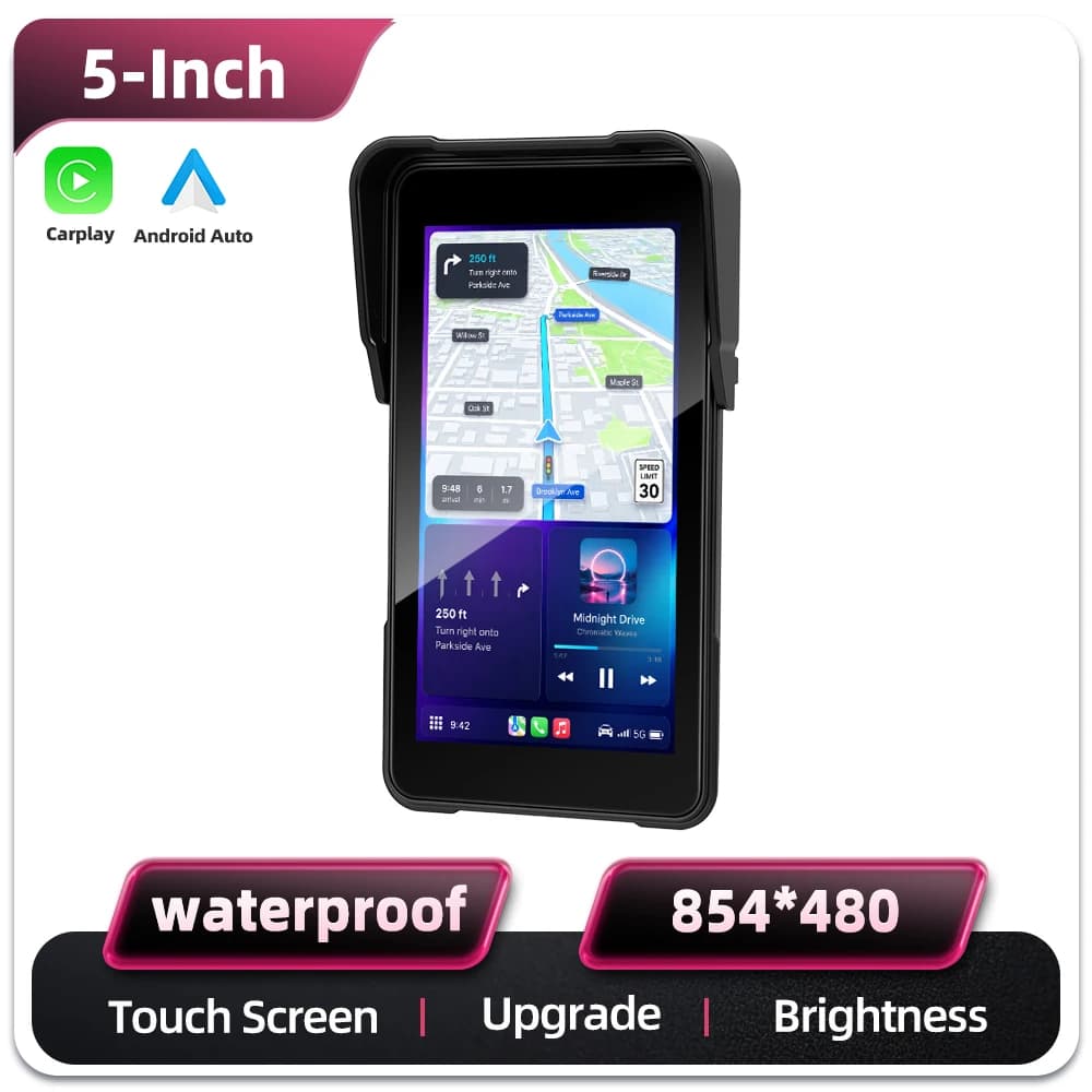 Podofo 5 Inch Vertical Screen Smart Motorcycle Display Wireless Carplay Android Auto Navigation IP68 Waterproof BT Brightness Adjustment Motorcycle Monitor 12V Multiple Languages Portable Monitor Smart Player