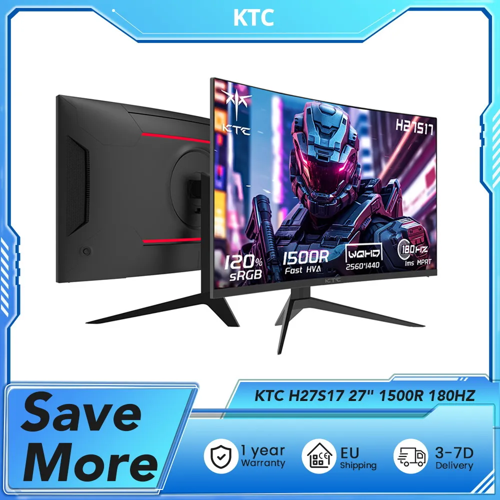 KTC H27S17 27' 1500R Curved Gaming Monitor QHD 2560x1440 16:9 ELED 180Hz 120% SRGB 4000:1 Contrast Ratio 1ms MPRT Response Time