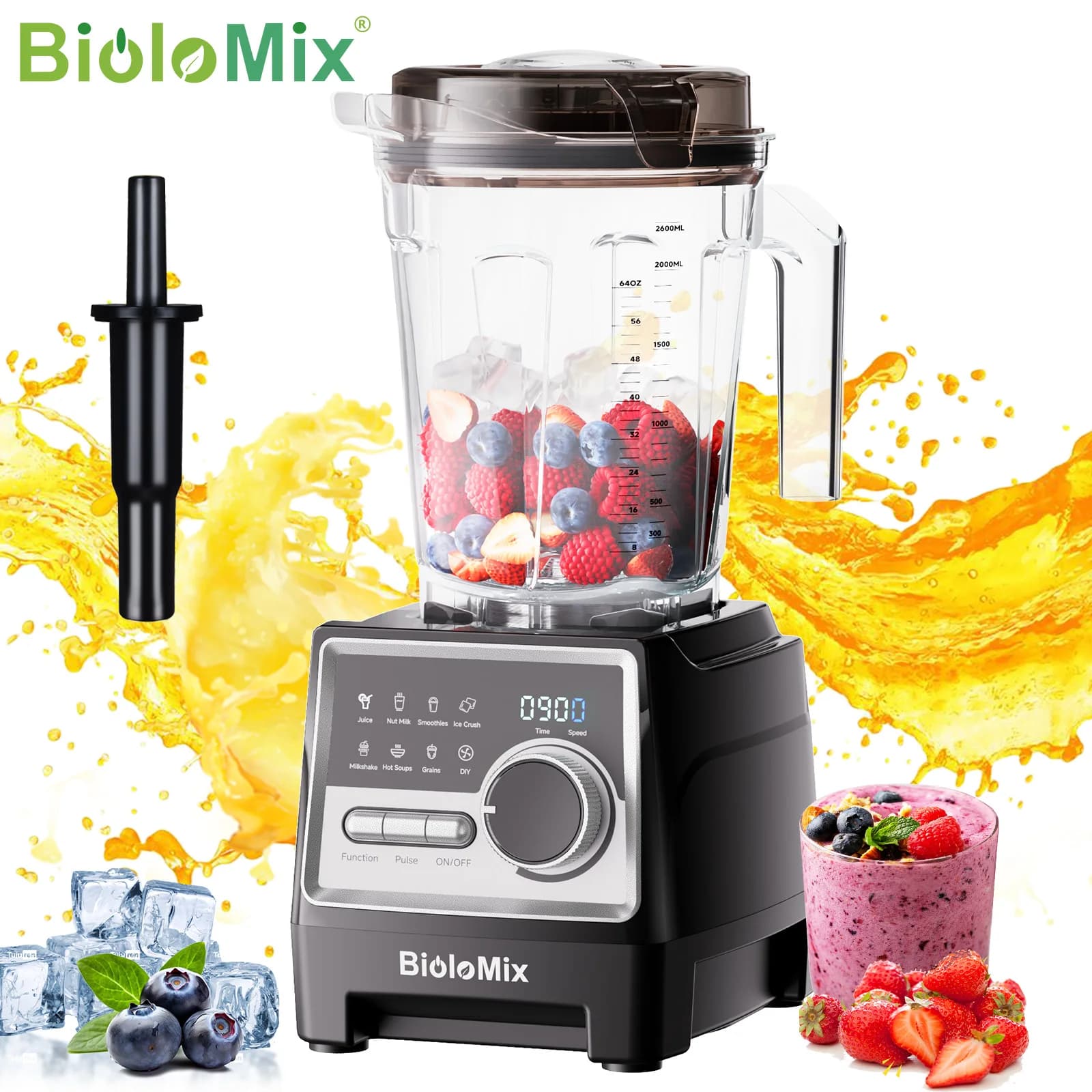 BioloMix 1500W Professional Blender with 2.6L BPA-Free Jar 6 Blades 7 Preset Programs for Smoothies Shakes Nut Milk