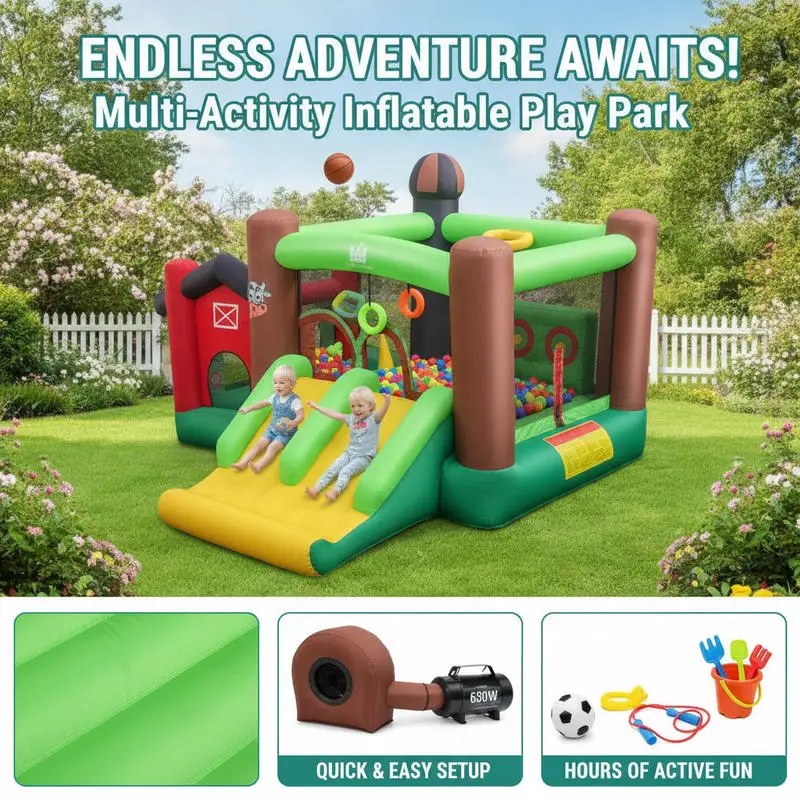 Inflatable Castle Inflatable Castle with Double Slides, Ball Pit, Ring Toss, Target Game, Basketball Hoop & 680W Blower, Multicolor