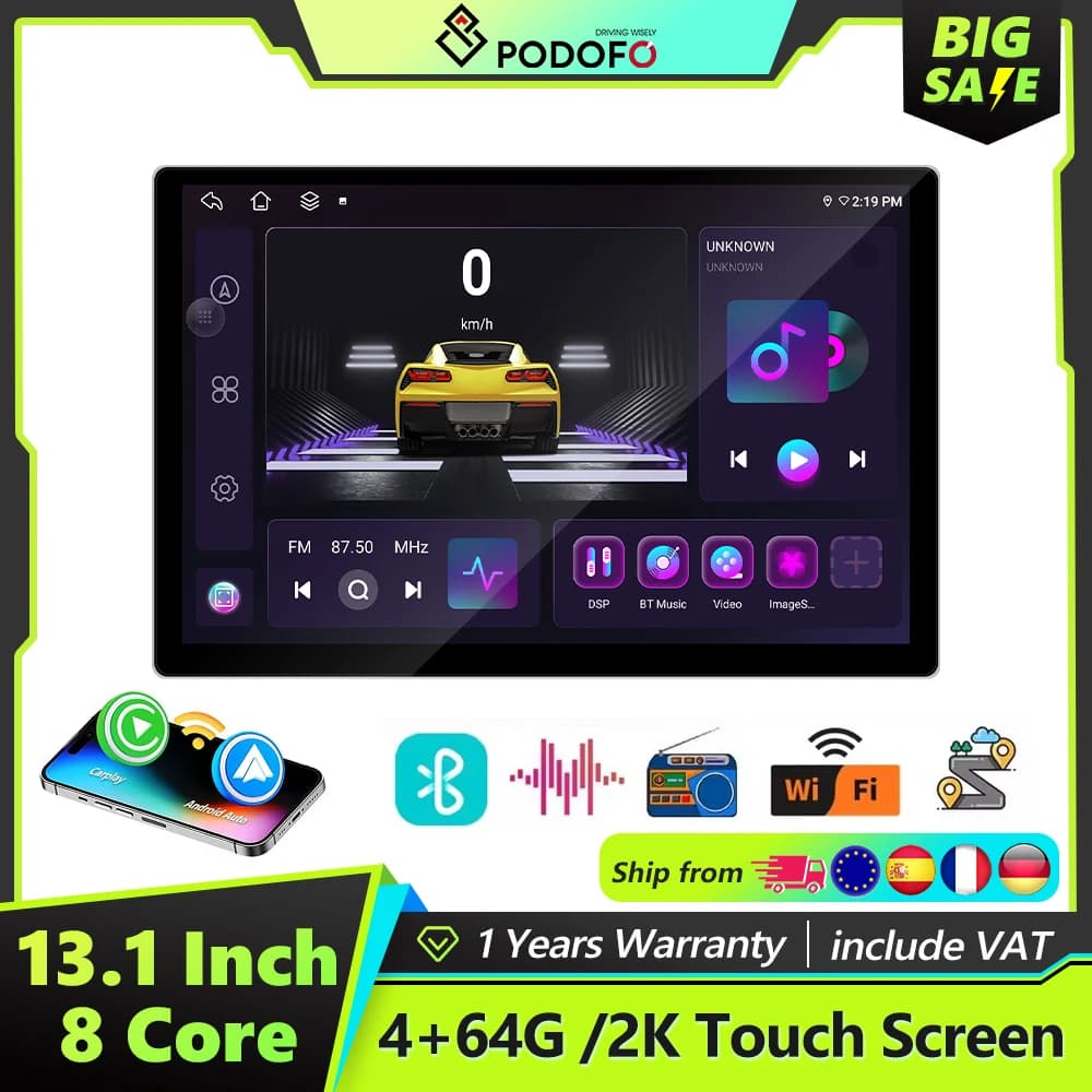 Podofo 13.1" Android 8 Core Car Multimedia Player GPS Navigation BT  Wireless Carplay Android Auto DSP FM Audio WIFI 4G
