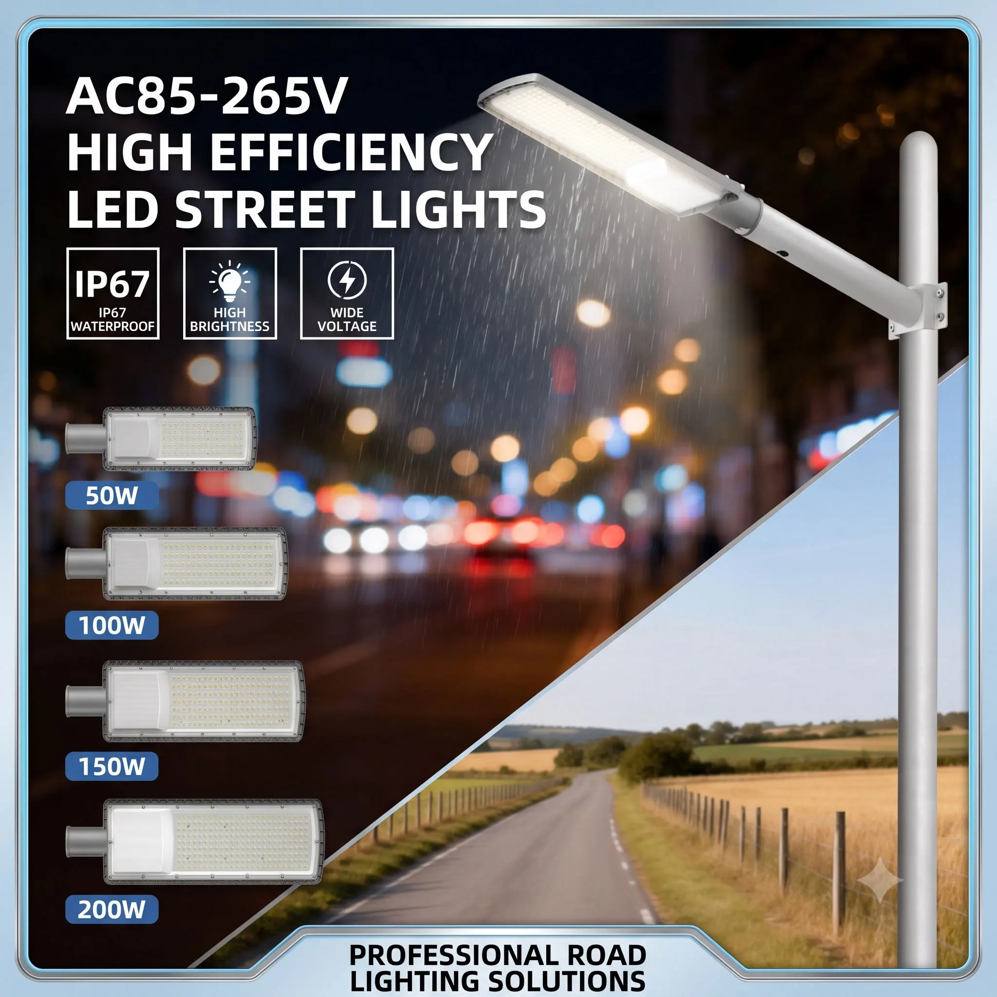 Swiatla LED Street Light AC85-265V IP67 Waterproof Roadway Lamp Outdoor Parking Lot Security Light 50W 100W 150W 200W Super Bright Commercial Floodlight Pole Mounted Highway Garden Backyard Pathway Wall Lighting 6500K 20000LM
