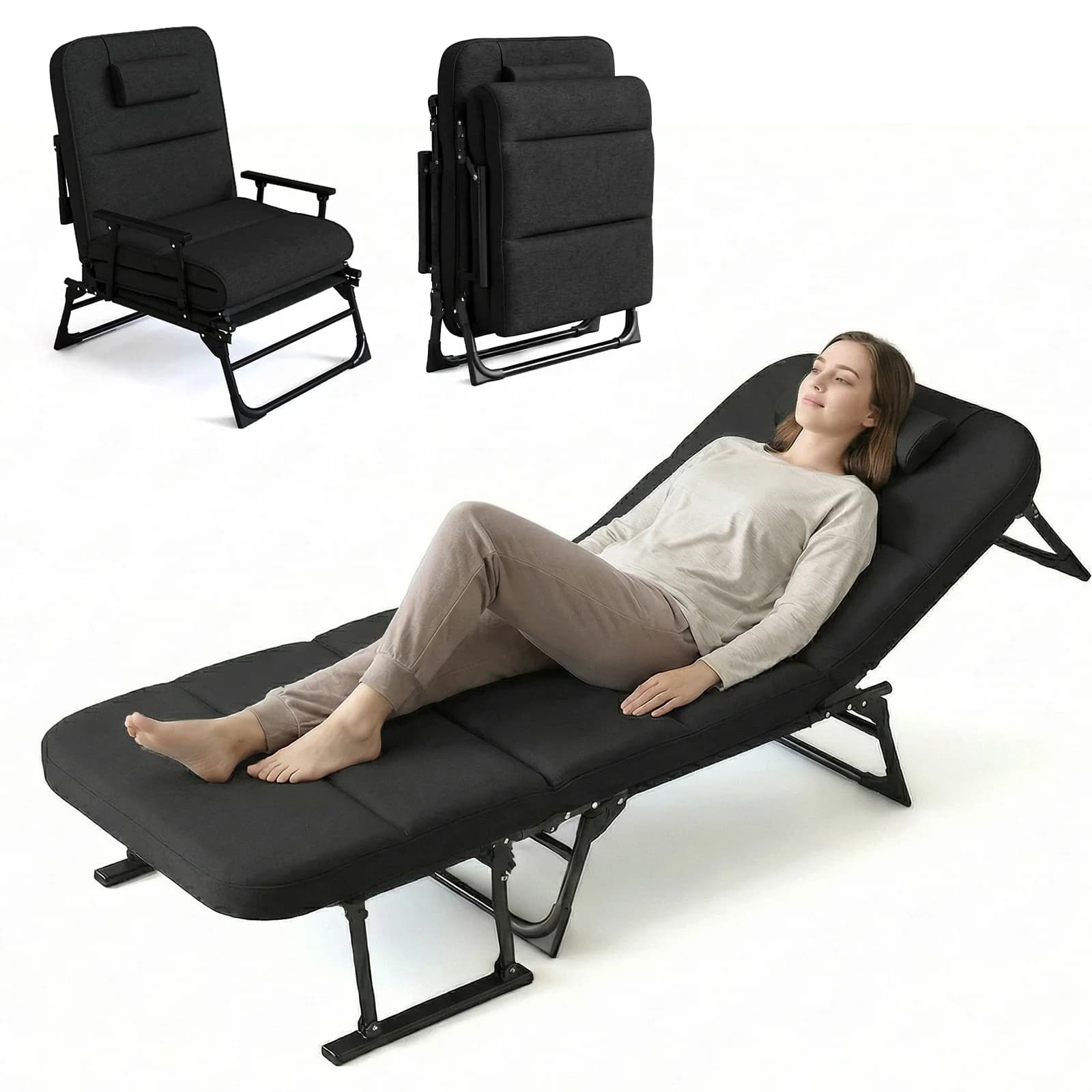3 in 1 Folding Bed Cot with Cushion & Pillow, Adjustable 6-Position Folding Lounge Chair, Portable Sleeping Cots Sofa Bed