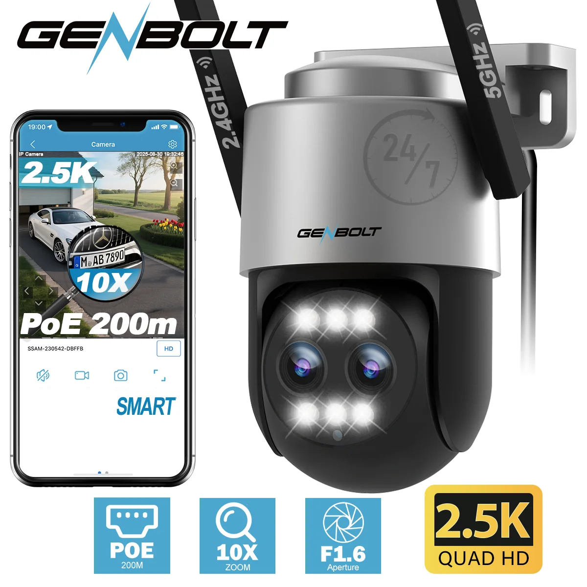 GENBOLT 2.5K PTZ WiFi Camera Outdoor PoE, Dual Lens CCTV 4MP, 10X Zoom, Color Night, Auto Tracking, Humanoid Detection, 2.4G/5G