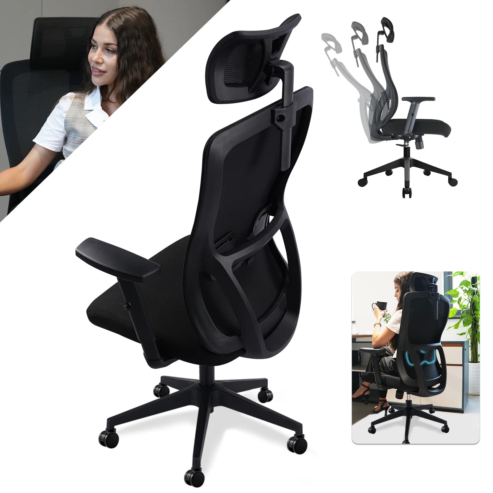 Ergonomic Mesh Office Chair High Back Computer Chair with Adjustable Headrest 6cm Lumbar Support 130° Reclining Desk Chair 150kg