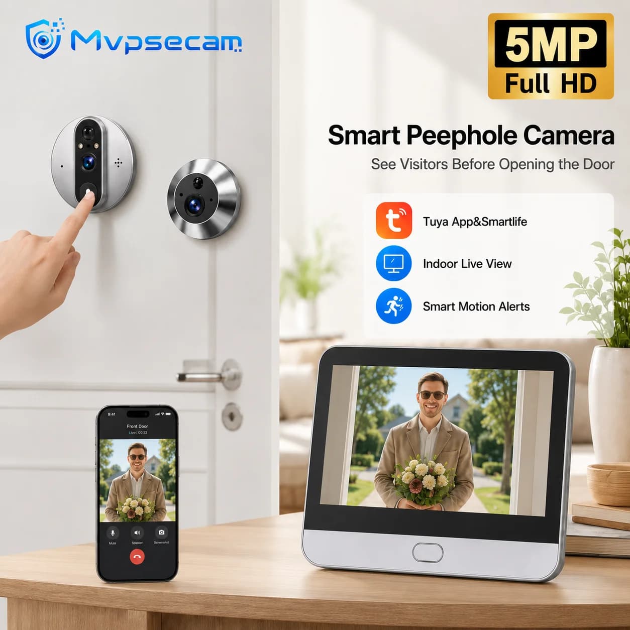 5MP Smart WiFi Peephole Doorbell Camera with 4.3 Inch Indoor Monitor Tuya Smart Life APP Remote View PIR Motion Alert Button Call Two Way Audio IR Night Vision TF Card Storage 5000mAh Battery IP65 Waterproof Home Security EU Warehouse Fast Delivery System