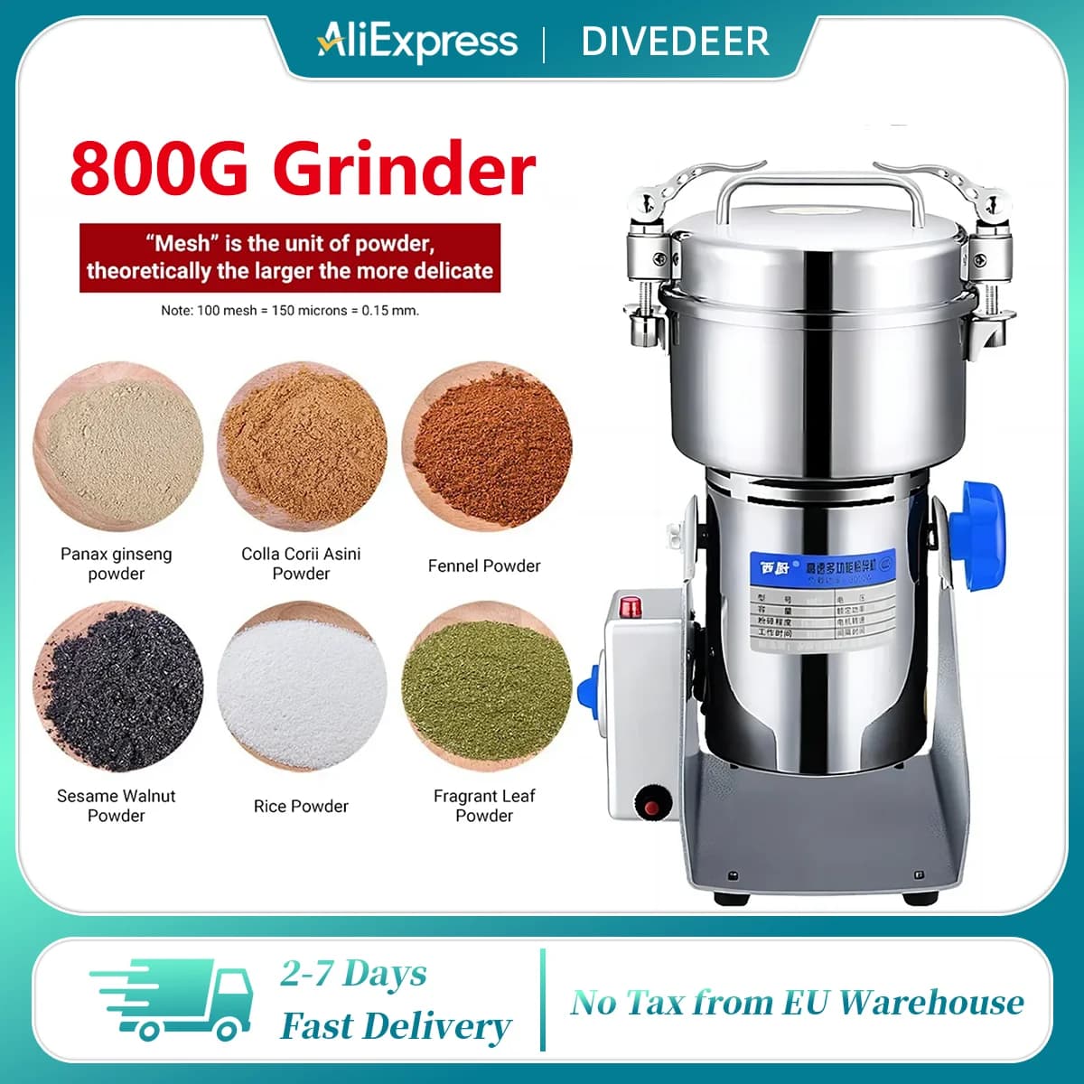 DIVEDEER 800G Coffee Dry Food Grinder Medicine Powder Crusher Mill Medicine Grinding Spices Grains Herbal Powder Mixer Grinder