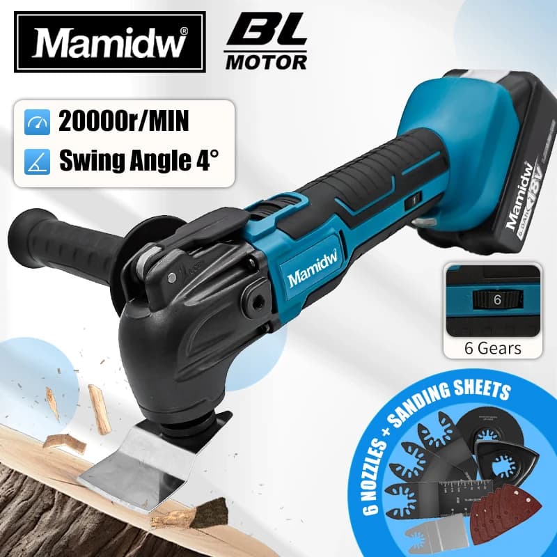 Mamidw Brushless Cordless Multi Tool 20000RPM 4° Swing Angle 6 Gears Oscillating Multi Tool with Cutting Sanding Accessories for Wood Renovation, For Makita 18V Battery PIN