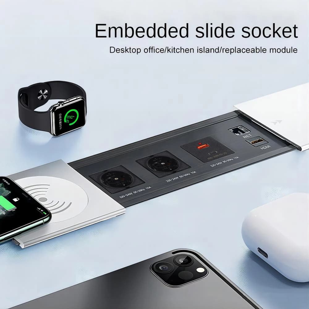 MANLEIKE Table Hidden Socket Embeded Outlet Office Sliding Cover Desktop Socket With Wireless Charge,USB,Type-c,Network, Hdmi