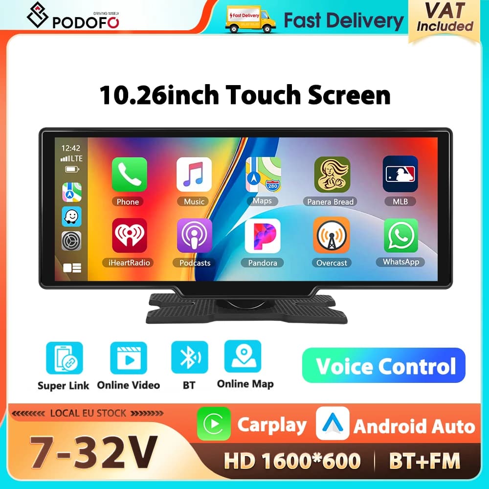 Podofo 10.26''Car Monitor Carplay Android Auto Smart Screen Player AirPlay Mirror Cast BT Voice Control FM Superlink Car Player