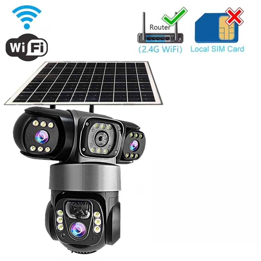 15MP HD Solar WIFI Security Camera with 3 Len 3 Screen V380 Pro 10X Zoom Night Vision Outdoor Waterproof PIR Human Detect CCTV 355-Degree Horizontal And Vertical 90-Degree Rotation Rechargeable Battery Powered WiFi Surveillance Camera