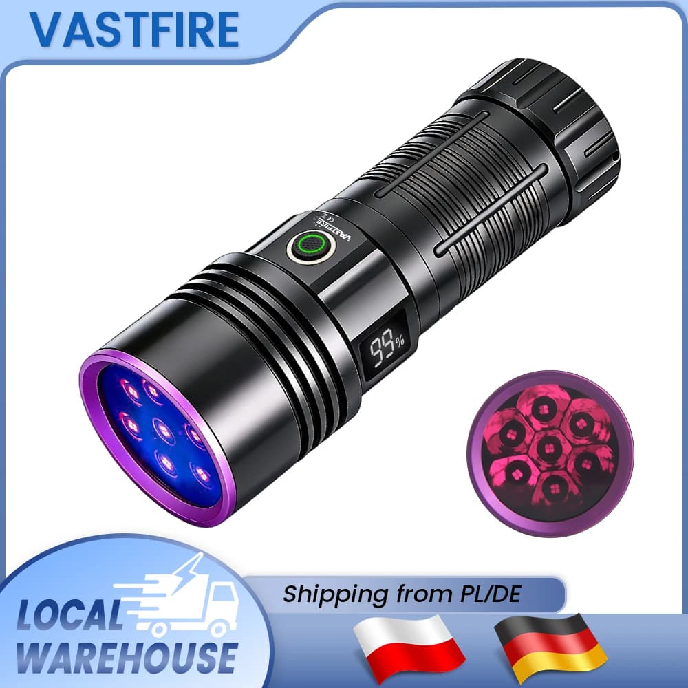 365nm UV Taschenlampe mit 7 LEDs, Rechargeable Blacklight Flashlight for Pet Urine Detector, Resin Curing & Counterfeit Money Check, Waterproof USB-C, EU Warehouse