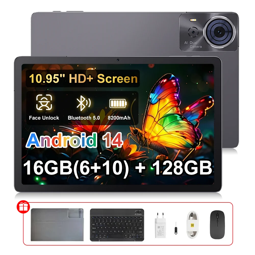 Cubot Tab 70 Tablet PC, 16GB RAM(6GB+10GB Expand) +128GB ROM, Android 14, 8200mAh Battery, 10.95" HD+ Display, Octa-Core Processor, Face ID, GPS, Bluetooth 5.0, OTG
