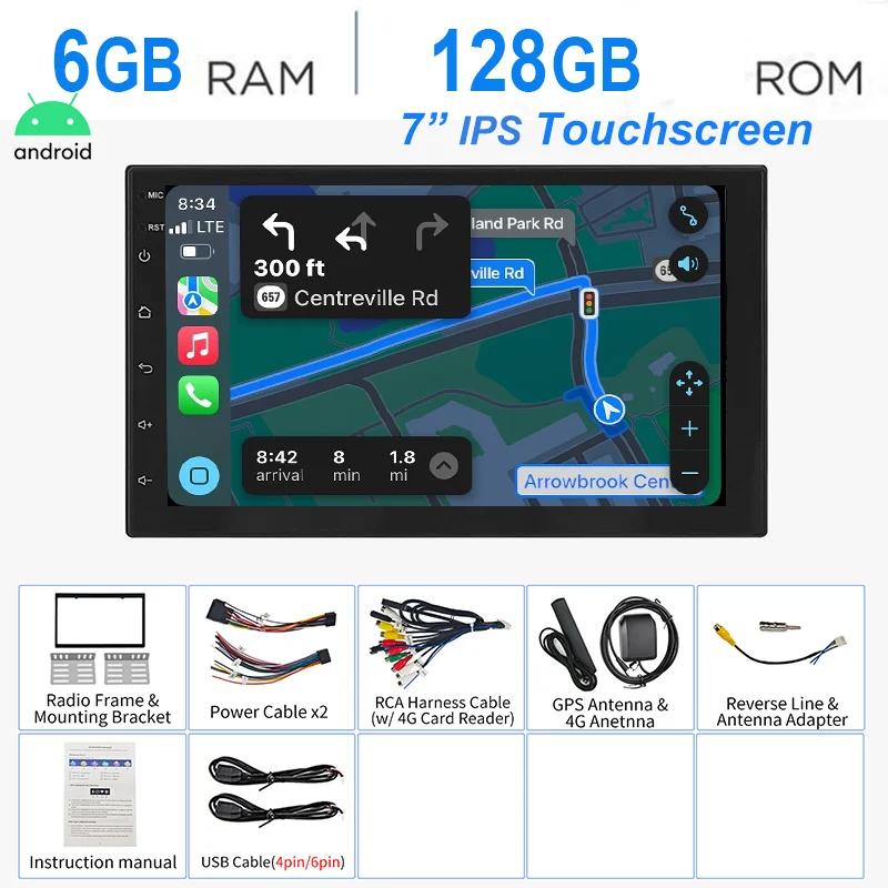 ESSGOO 7"/9"/10" 2 DIN 8-Core Android14 6+128G Car Radio Wireless Carplay GPS Navi BT AM FM RDS WIFI QLED Touchscreen 4G LTE SWC