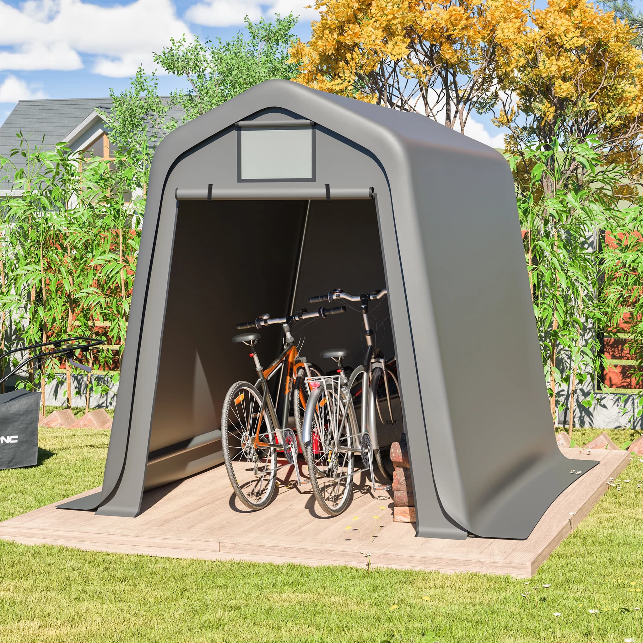 Grey Bicycle Storage Tent 245x183x217cm, Use For Housing, Motorcycle Or Carport, Windproof Waterproof PE Material With Blinds