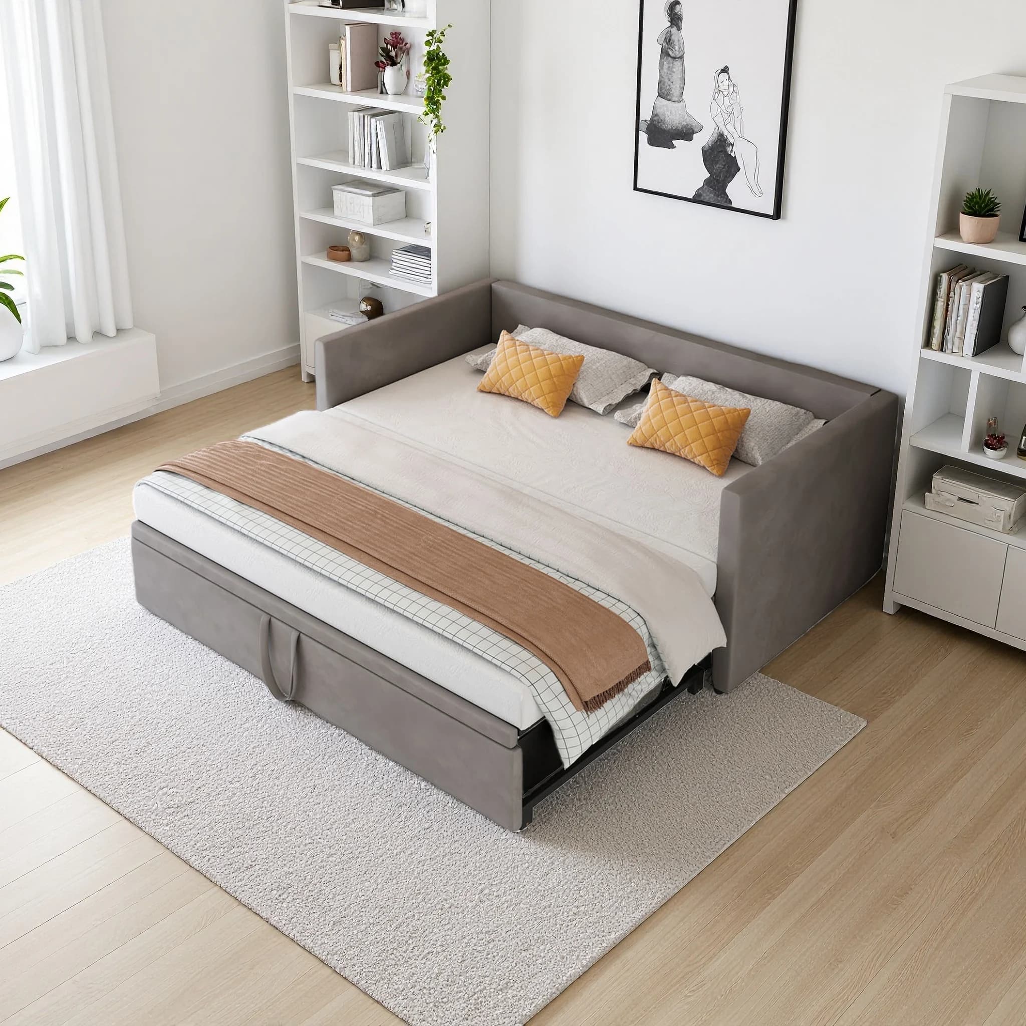 Anajqaqia Extendable Sofa Bed, Upholstered Bed , Multifunctional Bed, Velvet Fabric, Grey, 90/180x200cm