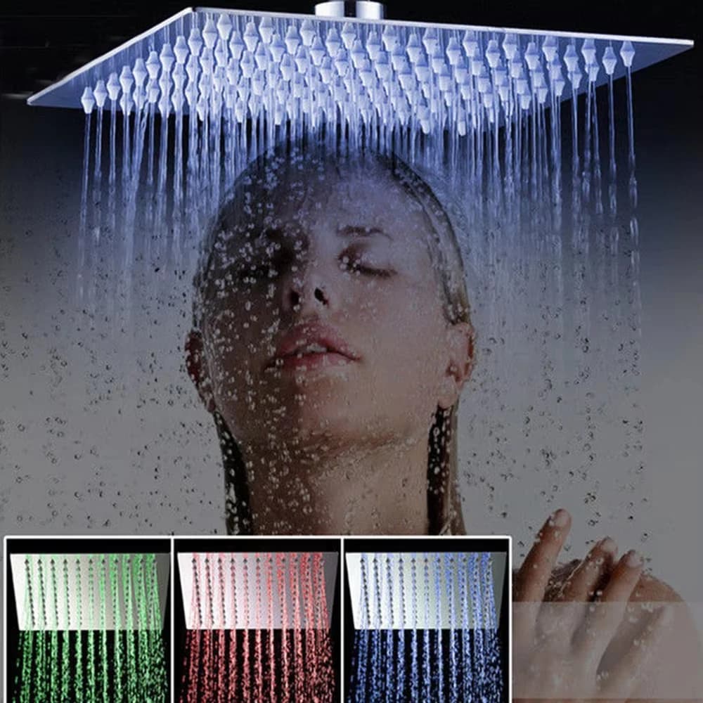 Luxury LED Rainfall Shower Head Stainless Steel Square Color Changing Lights Shower Head Water Flow Generates