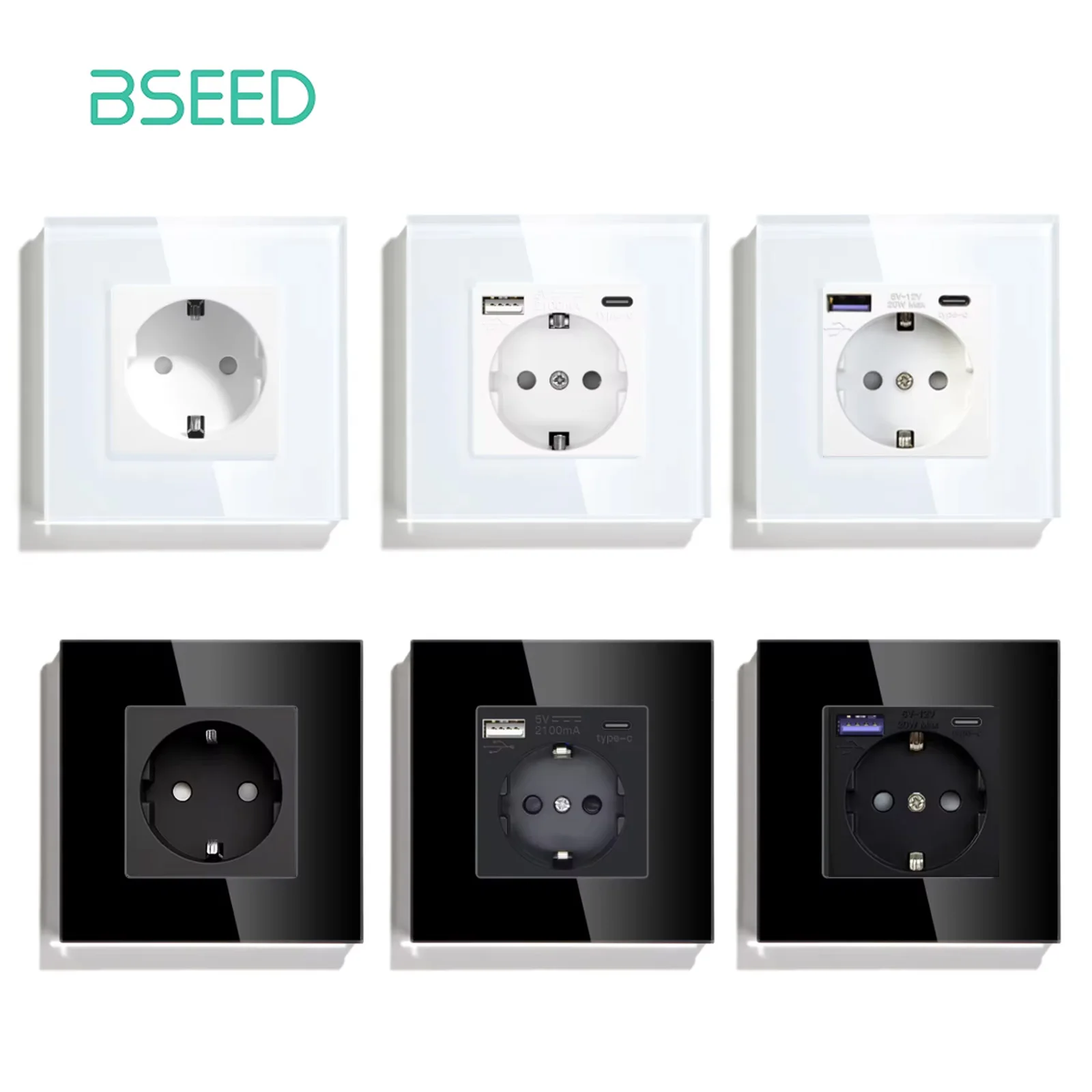 BSEED Wall Socket Glass Frame Phone Charge USB C Single Socket 16A EU Standard 110V - 240V Electrical Outlet Type-c Wall Mounted