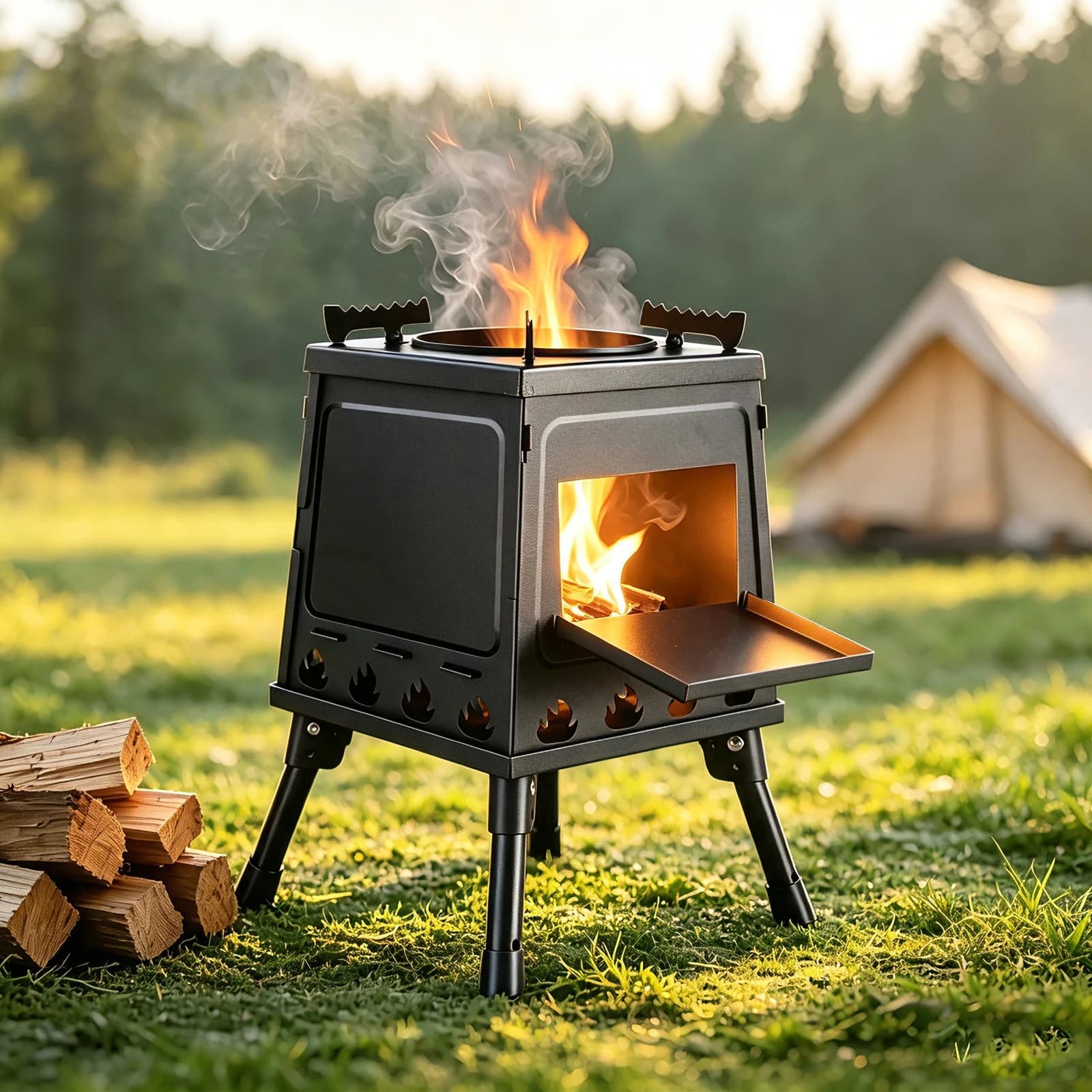 Portable Camping Firewood Stove Folding Adjustable Outdoor Wood Burning Stove High Temperature Resistant Heavy Duty Steel Stove