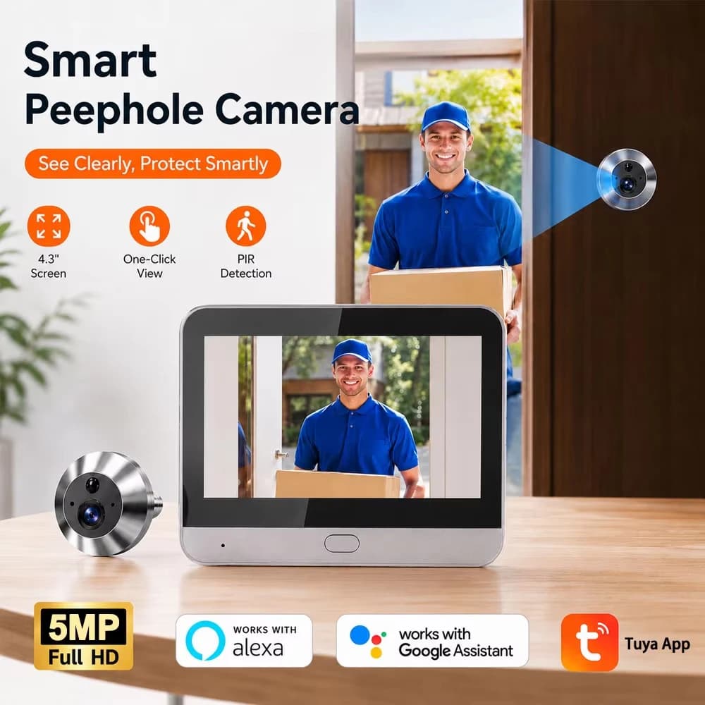 Tuya Smart 5MP 140° Wide View Angle Digital Peephole Eye View WiFi PIR Detection Doorbell Door Camera Alexa Google 4.3" Monitor