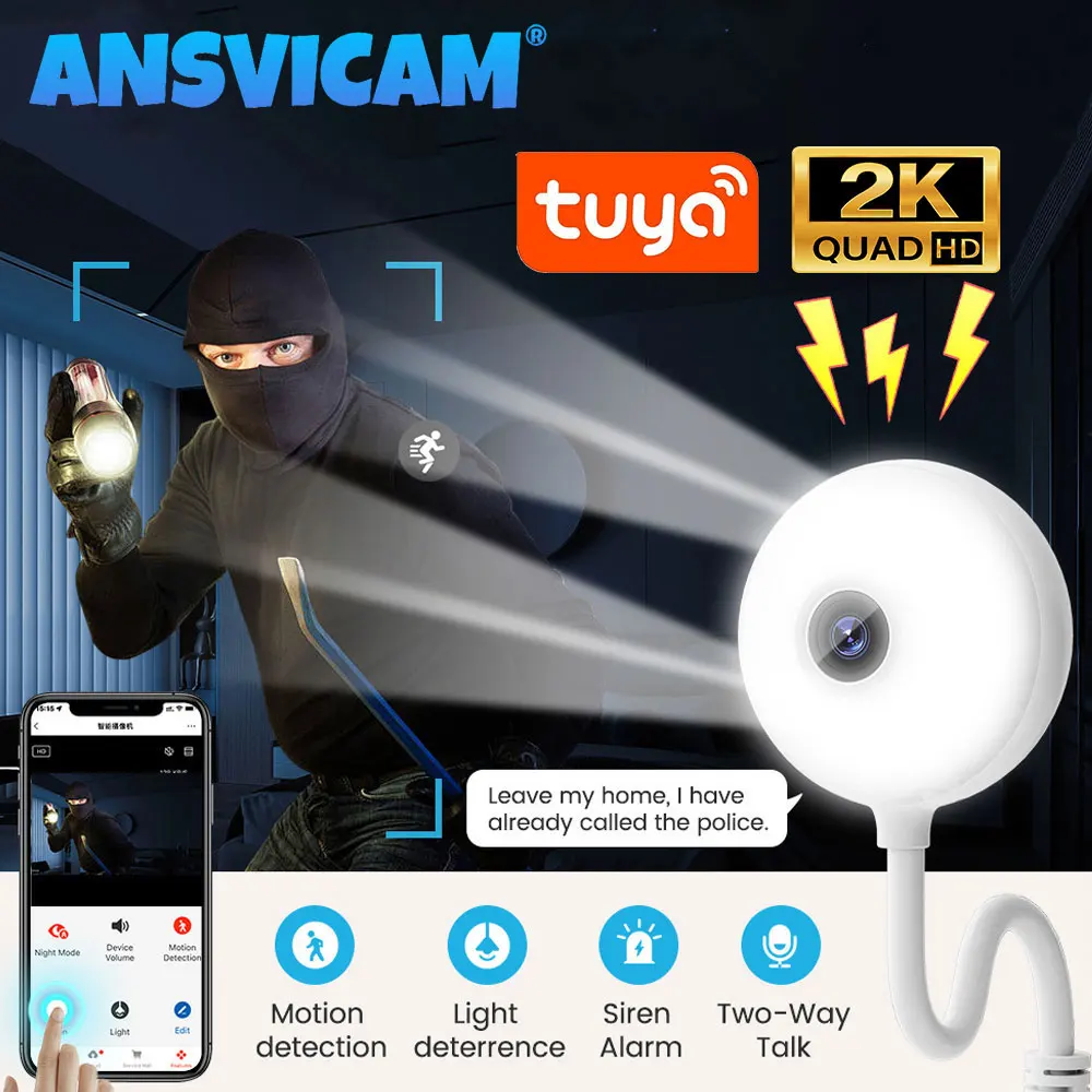 ANSVICAM 5MP Tuya Mini WiFi Camera Indoor 2K Security Camera for Baby Monitor Wireless USB Plug IP Surveillance AI Auto Tracking