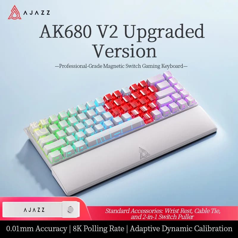 AJAZZ AK680 V2 Wired Magnetic Keyboard for Gaming & Office, Equipped with Matching Wrist Rest, 8K Ultra Low Polling Rate Low Latency, Full-key Hot-swappable, 3 Types of Switches & Diverse Custom Keycaps Optional, RGB Backlit Gaming Keyboard