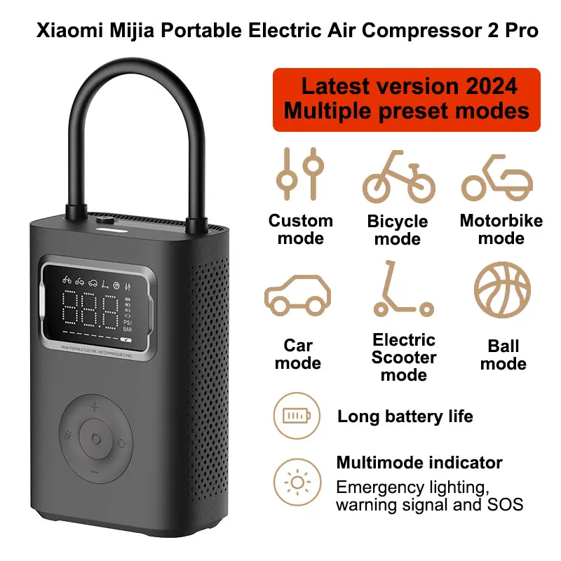 2024 Xiaomi Mijia Portable Electric Air Compressor 2 Pro, Tire Pressure Detection Air Pump, Multitool Portable Electric Inflator