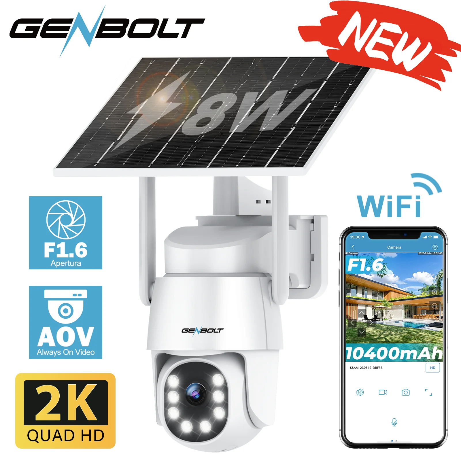 GENBOLT 2K AOV WiFi Solar Security Camera Outdoor Wireless,7/24 Recording Home Surveillance IP Camera PTZ with 90FT AI Detection