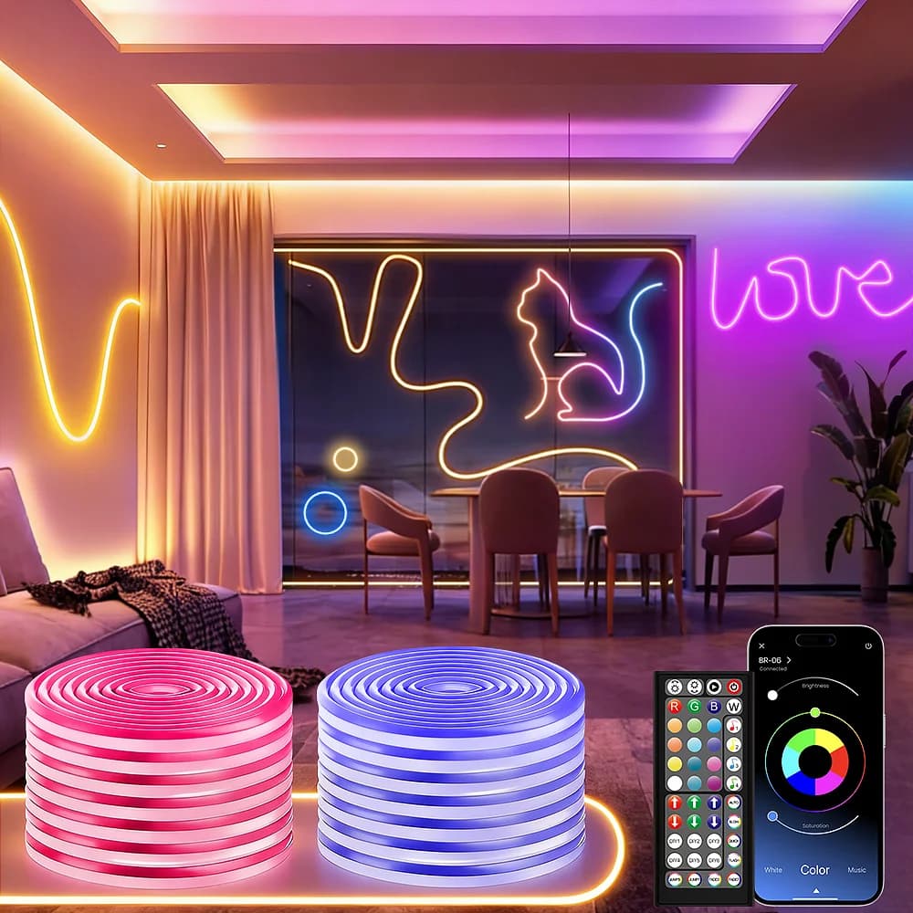 30M/20M RGB Neon LED Strip Light with Remote/App Control, Waterproof Flexible Strip Lamp for Bedroom Home Interior Decoration