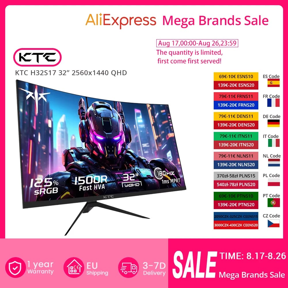 KTC H32S17 Gaming Monitor 32-inch 2560x1440 QHD 180Hz HVA Curved 1500R 300cd/m2 Brightness, 125% sRGB, 1ms(MPRT) Response Time