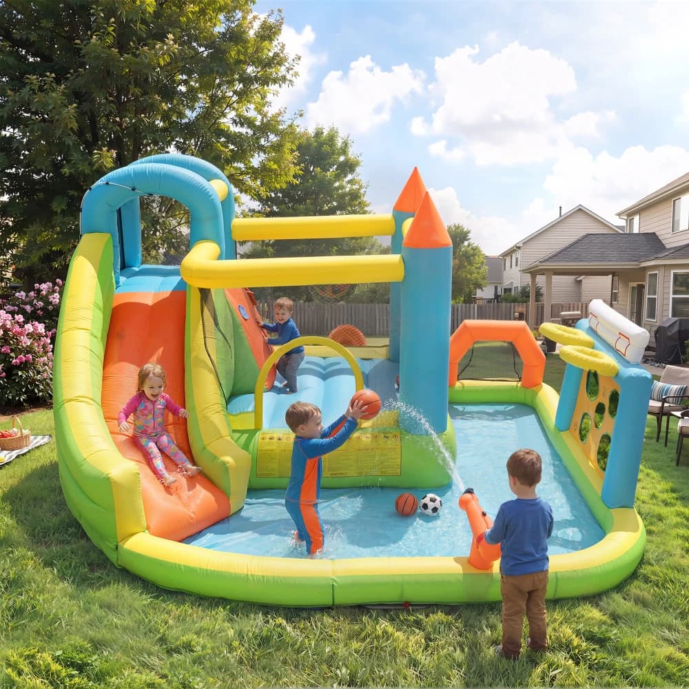 Children's Bouncy Castle, Inflatable Bouncy Castle For Children Aged 3-10 Years, Outdoor Castle Bouncer With Blower, With Slide, Jumping Area, Water Pool, Football Net, Basketball Hoop, Inflatable Size: 360*320*200cm
