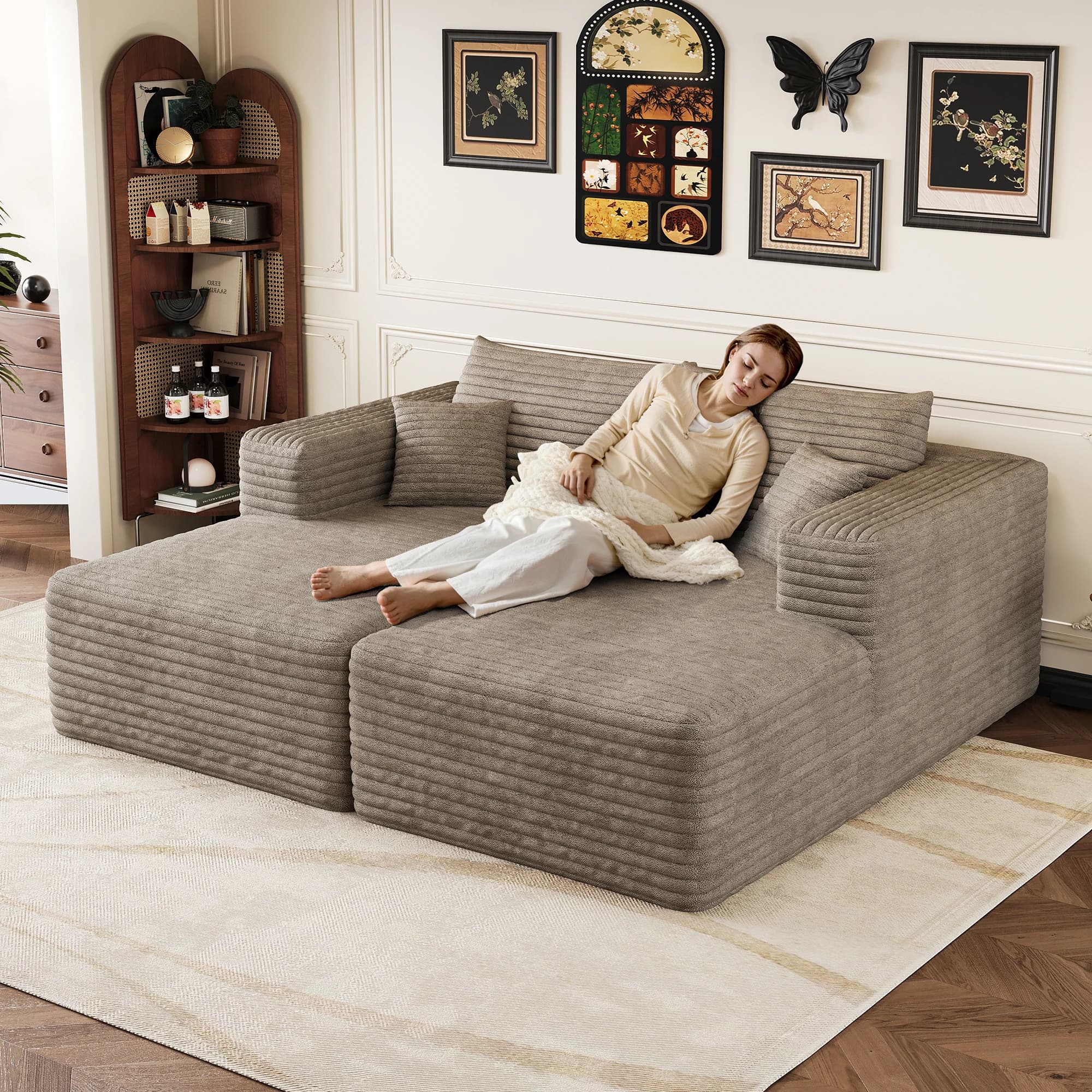Modern Minimalist Modular Corduroy Chaise Lounge Sofa | Plush Cloud Sleeper Couch with High-Elastic Foam, No Assembly Required, Camel