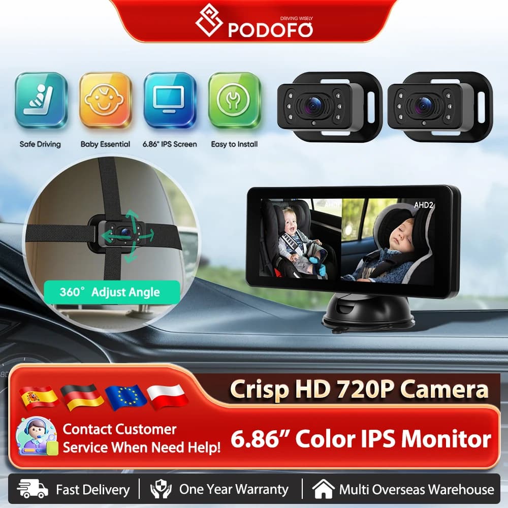 Podofo 6.86'' Baby Car Camera Touch Screen Car Baby Monitor with Night Vision Rear View Adjustable View Angle Safety for Kids