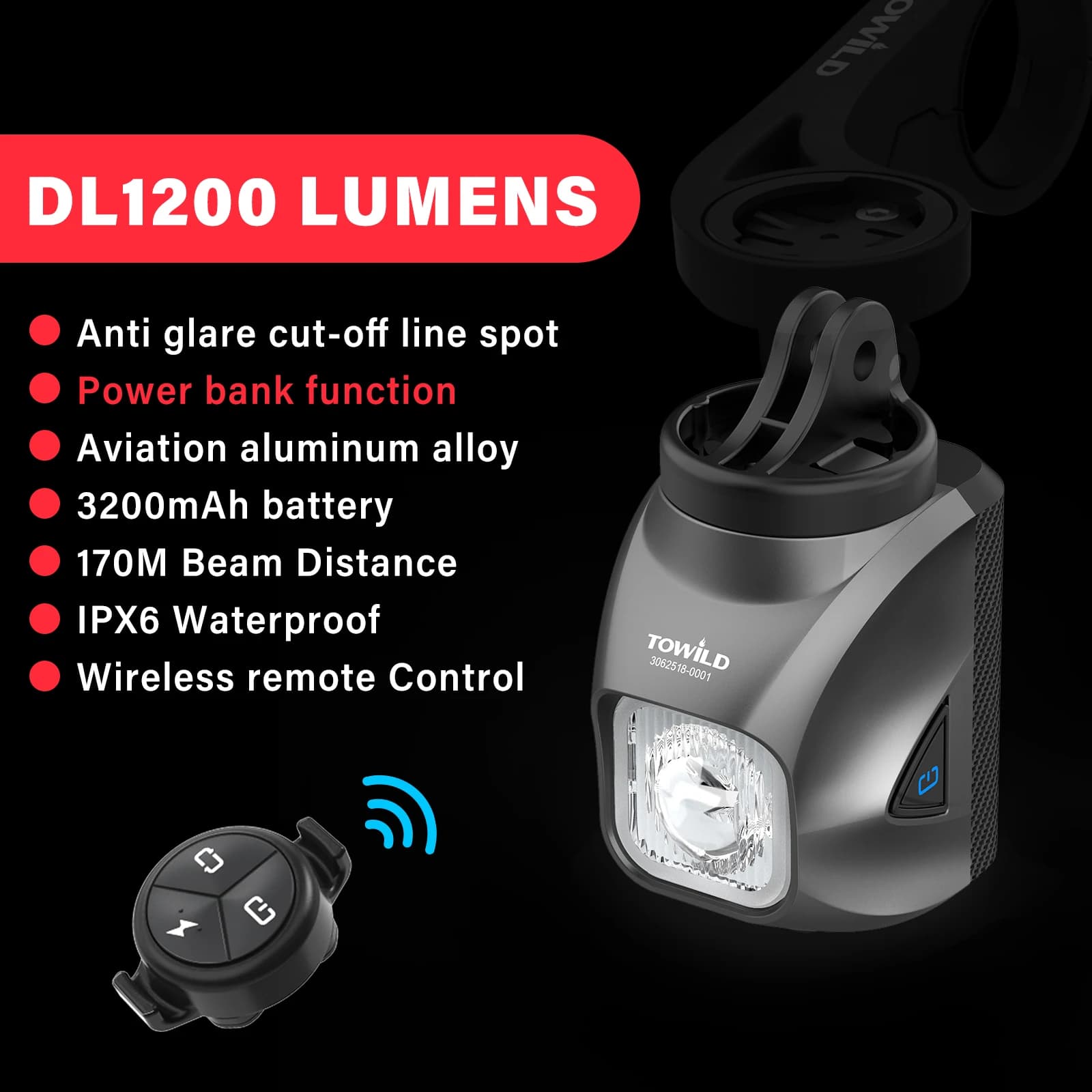 TOWILD DL1200S/DL1700 Bicycle Light With Cut-Off Line Beam1900LM Rechargeable Bike Front Light Power Bank Mtb Cycling Headlights