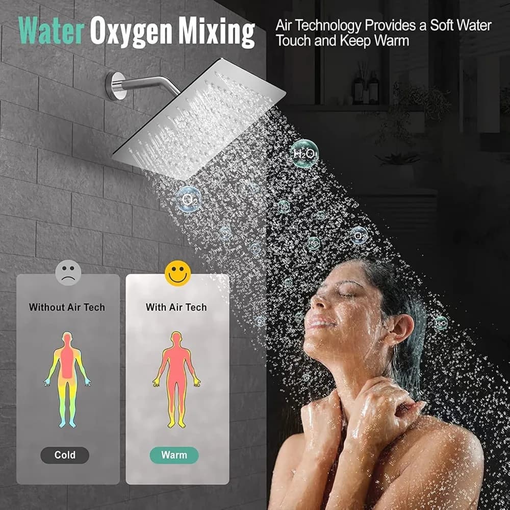 30x30cm Square 201 Stainless Steel Shower Head Ultra Thin 2mm Thick One Piece Weld Leakproof Rain Shower Head With Silicone Anti Scale Nozzles G1/2 Standard Interface Silver Shower Head For Bathroom Home Hotel Renovation Daily Shower Use