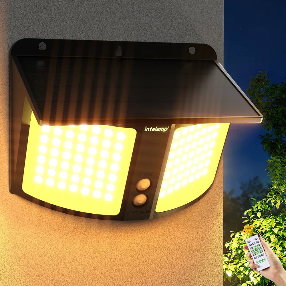 intelamp Top Brand Long Life 4000mah Outdoor Solar Led Lights Security Flood Light 180° Radar Detection Sensor 3 Color Modes Waterproof Wall Lamp For Porch Garden Yard Garage Fence