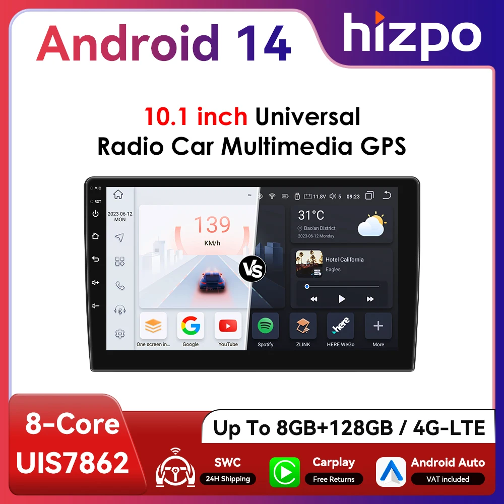 Hizpo 10.1inch 2Din Universal Android13 Car Radio Headunit Intelligent Multimedia CarPlay 4G BT GPS Navigation UI7862 UI8581
