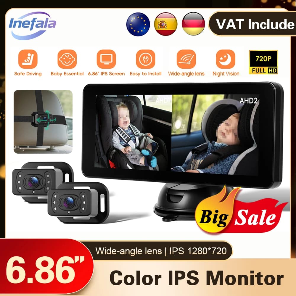 Podofo 6.86'' IPS Screen Display Car Rear Baby Monitor 2 AHD Cameras Headrest Wide-Angle Backup Monitor Real-time Baby Monitor