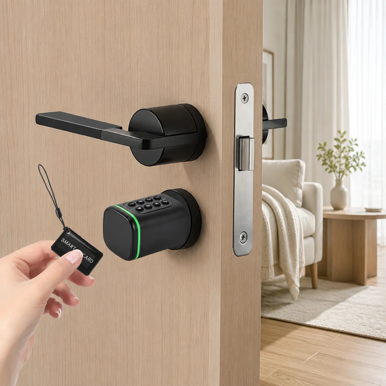 Smart Electronic Door Lock, APP Password Key Card Manual Key Unlock, Aluminum Alloy Cylinder Lock with Micro Type-C Emergency Port, IP5X Dustproof, for 35-45mm Door, Smart Home Security